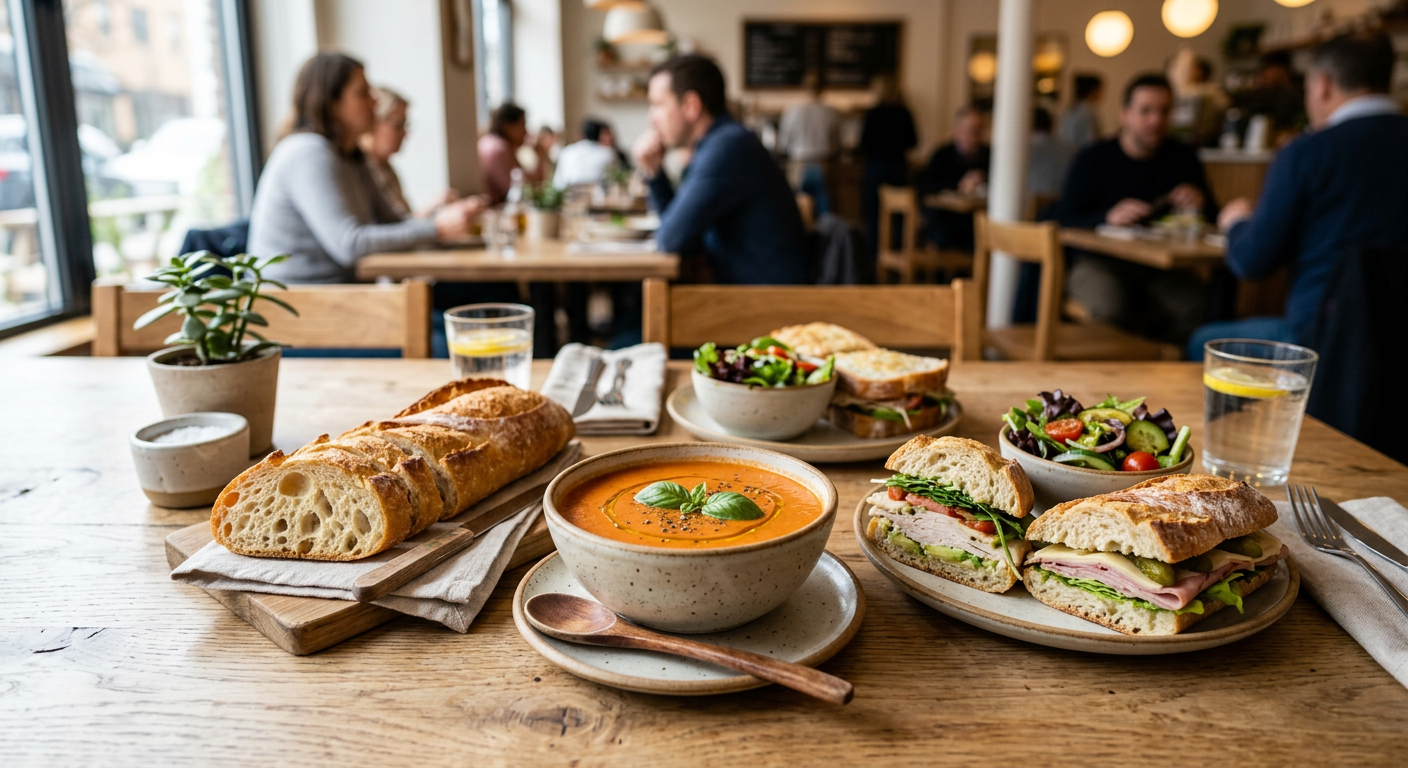 Dominik's lunch offerings - soups, baguettes, and sandwiches